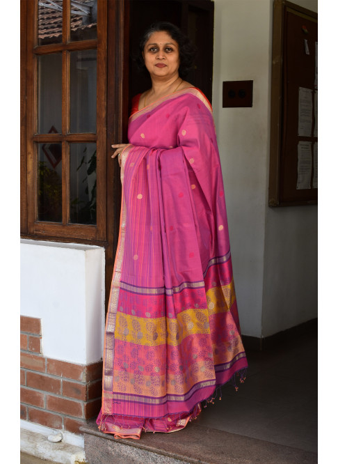 Purplish Pink, Handwoven Organic Cotton, Plain Weave , Jacquard, Work Wear, Jari, Butta Saree